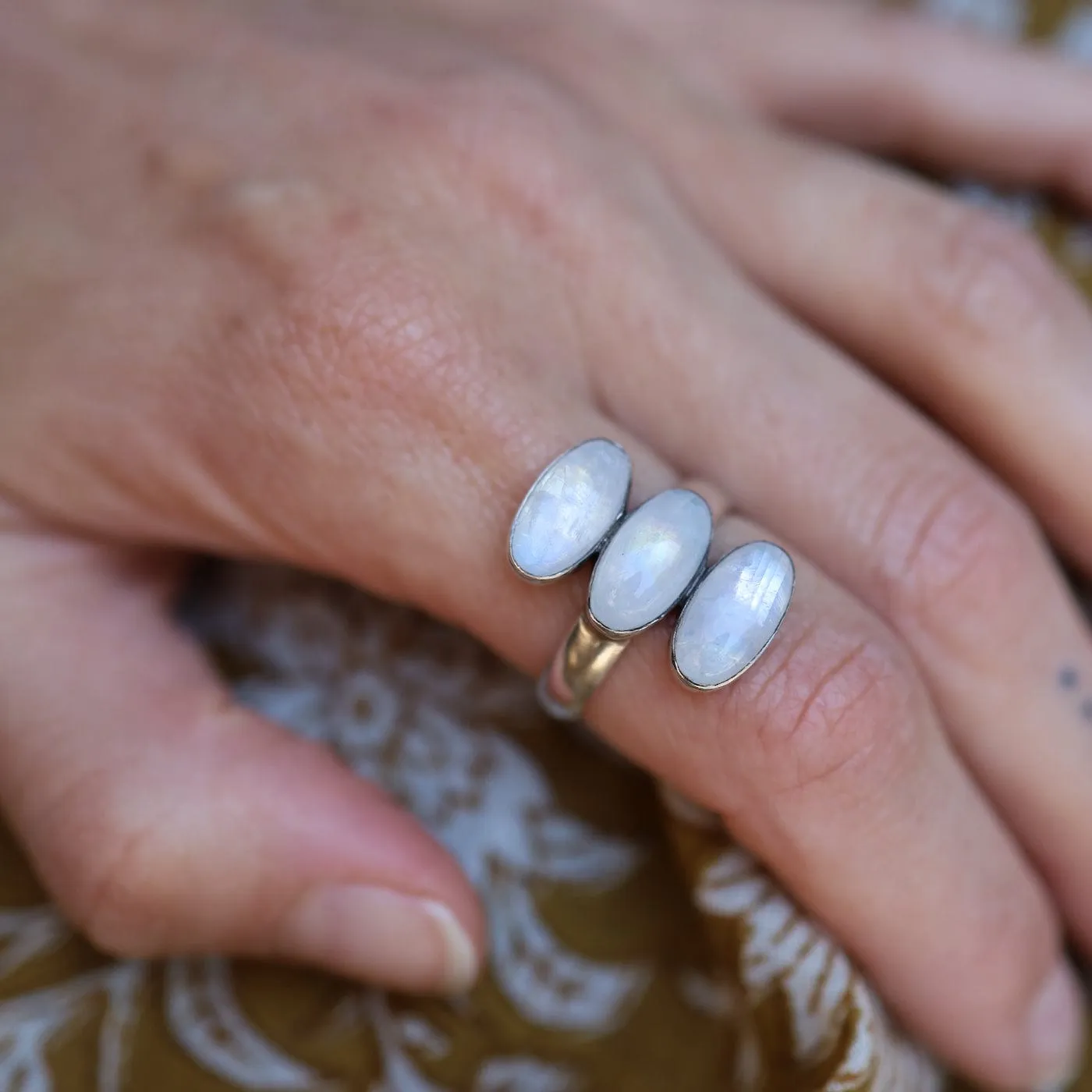 Triple Rainbow Moonstone Glowing Oval Cabochon Ring