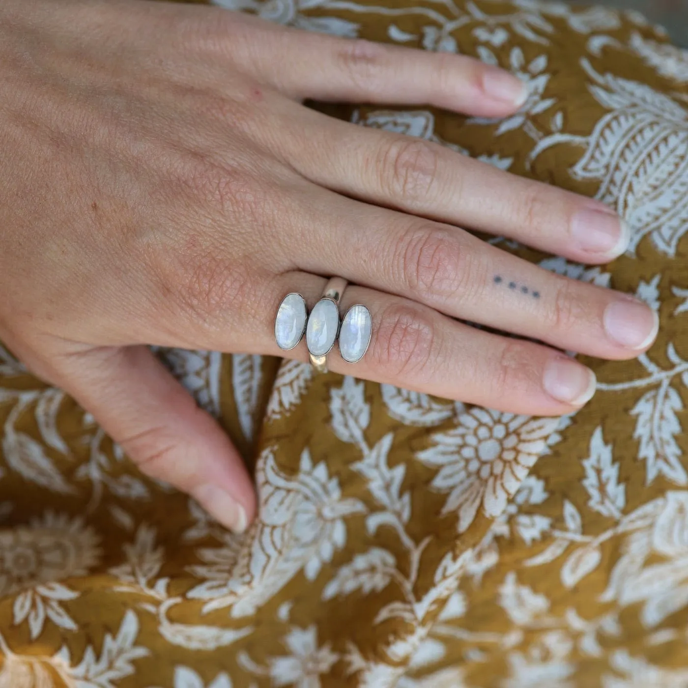 Triple Rainbow Moonstone Glowing Oval Cabochon Ring