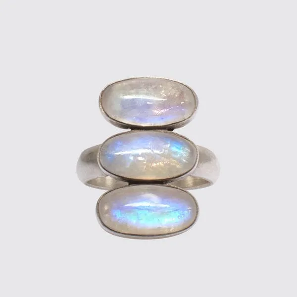 Triple Rainbow Moonstone Glowing Oval Cabochon Ring