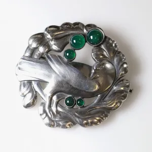 Vintage Georg Jensen Jewelry | Large Green Chrysoprase Dove Brooch 70 Denmark