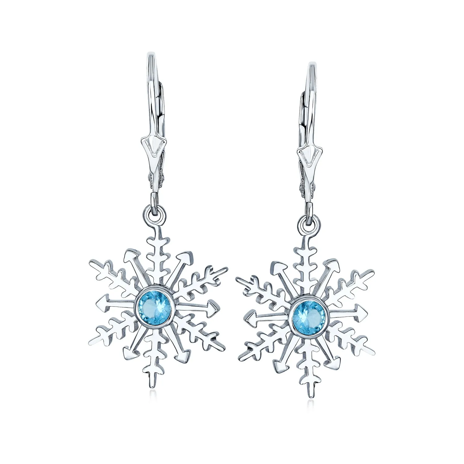 Winter Party Ice Blue Dangle Chandelier Earrings Snowflake Sterling Silver Leverback